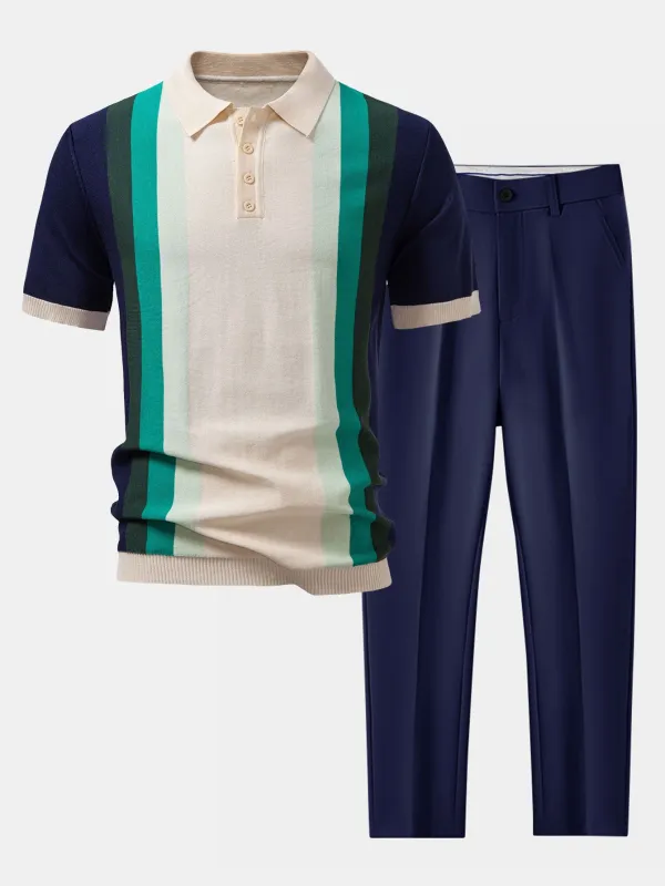 Striped Knitted Polo Shirt & Slim Fit Tapered Trousers sold by Hoooyi