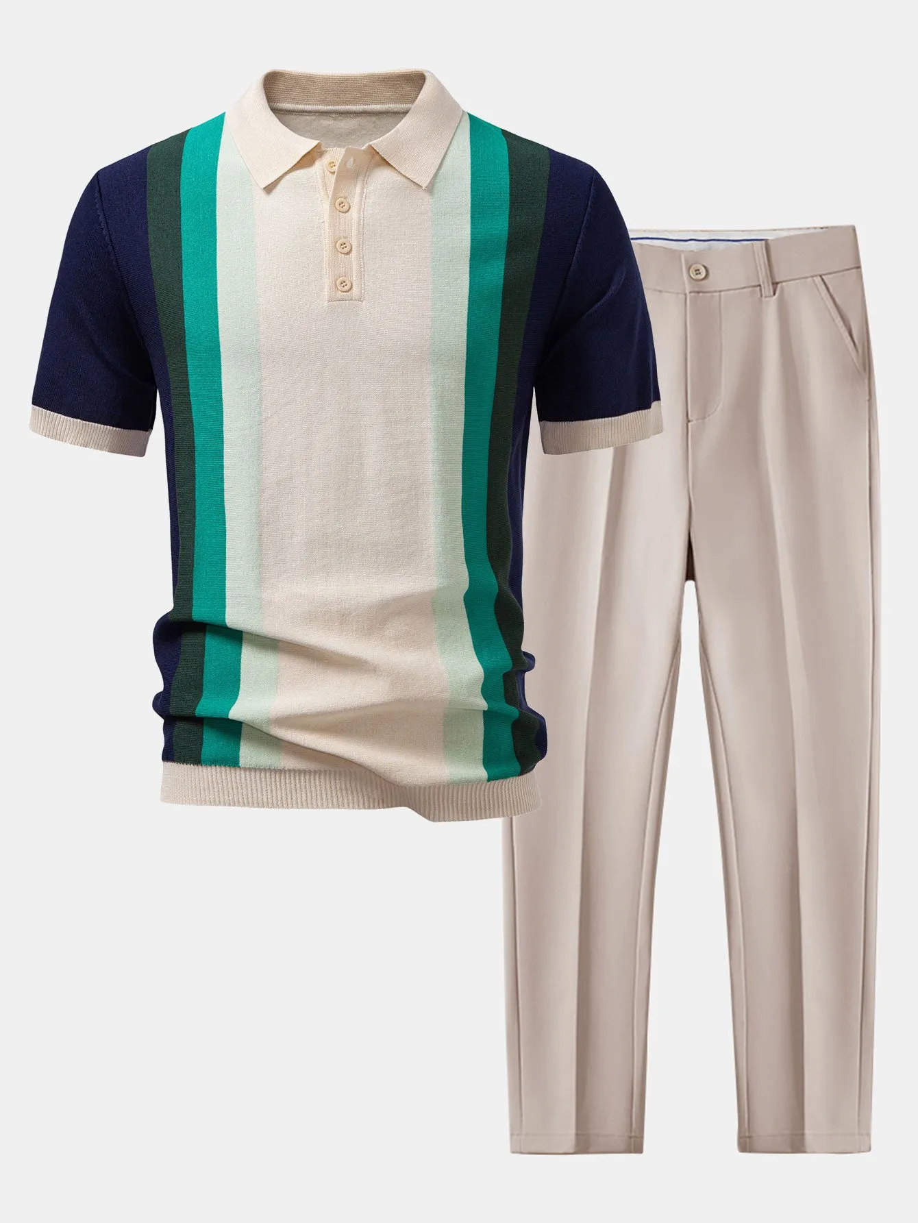 Striped Knitted Polo Shirt & Slim Fit Tapered Trousers sold by Hoooyi product image thumbnail 2