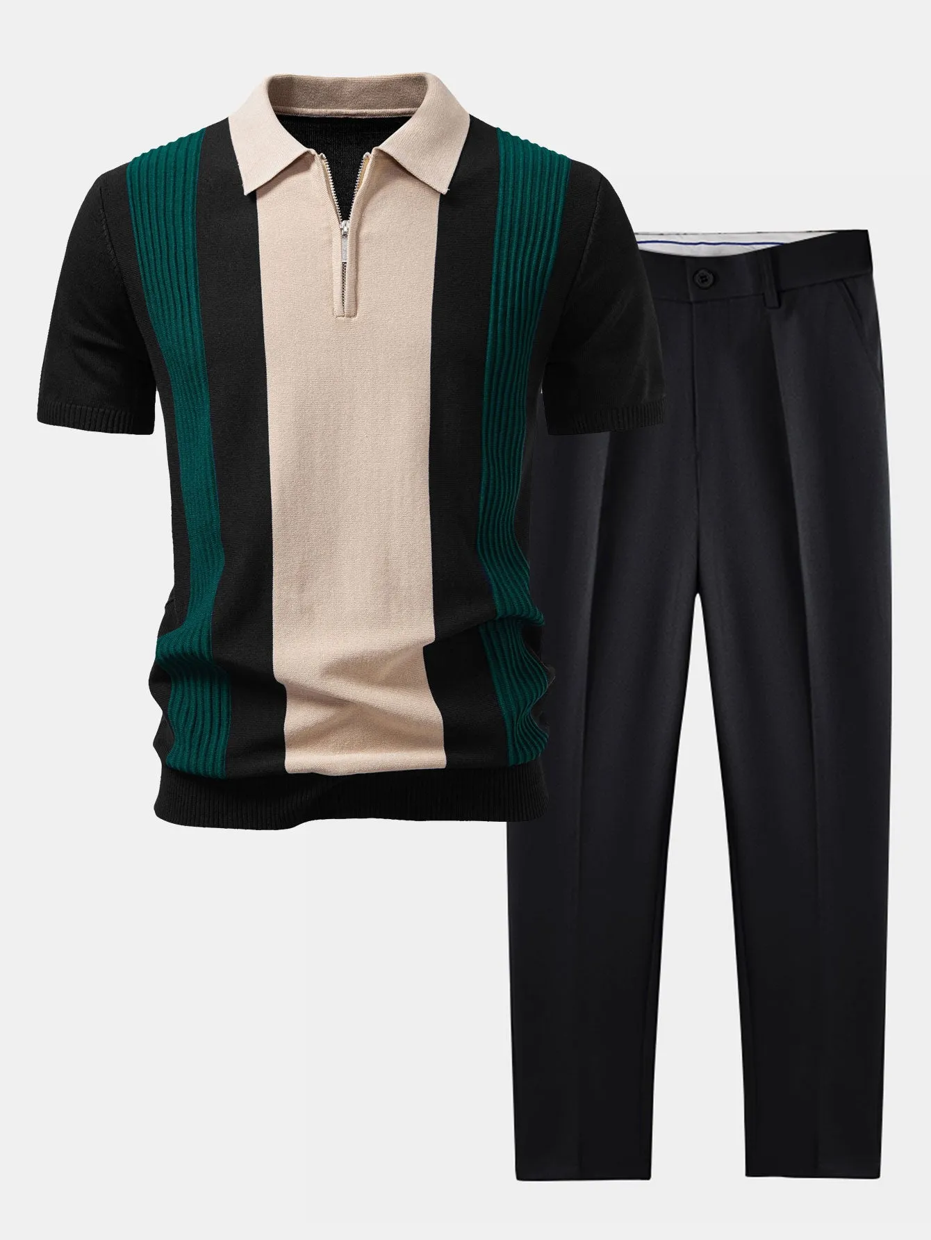 Textured Color Block Knit Polo & Slim Fit Tapered Trousers sold by Hoooyi product image thumbnail 4