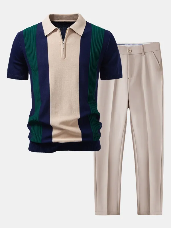 Textured Color Block Knit Polo & Slim Fit Tapered Trousers sold by Hoooyi