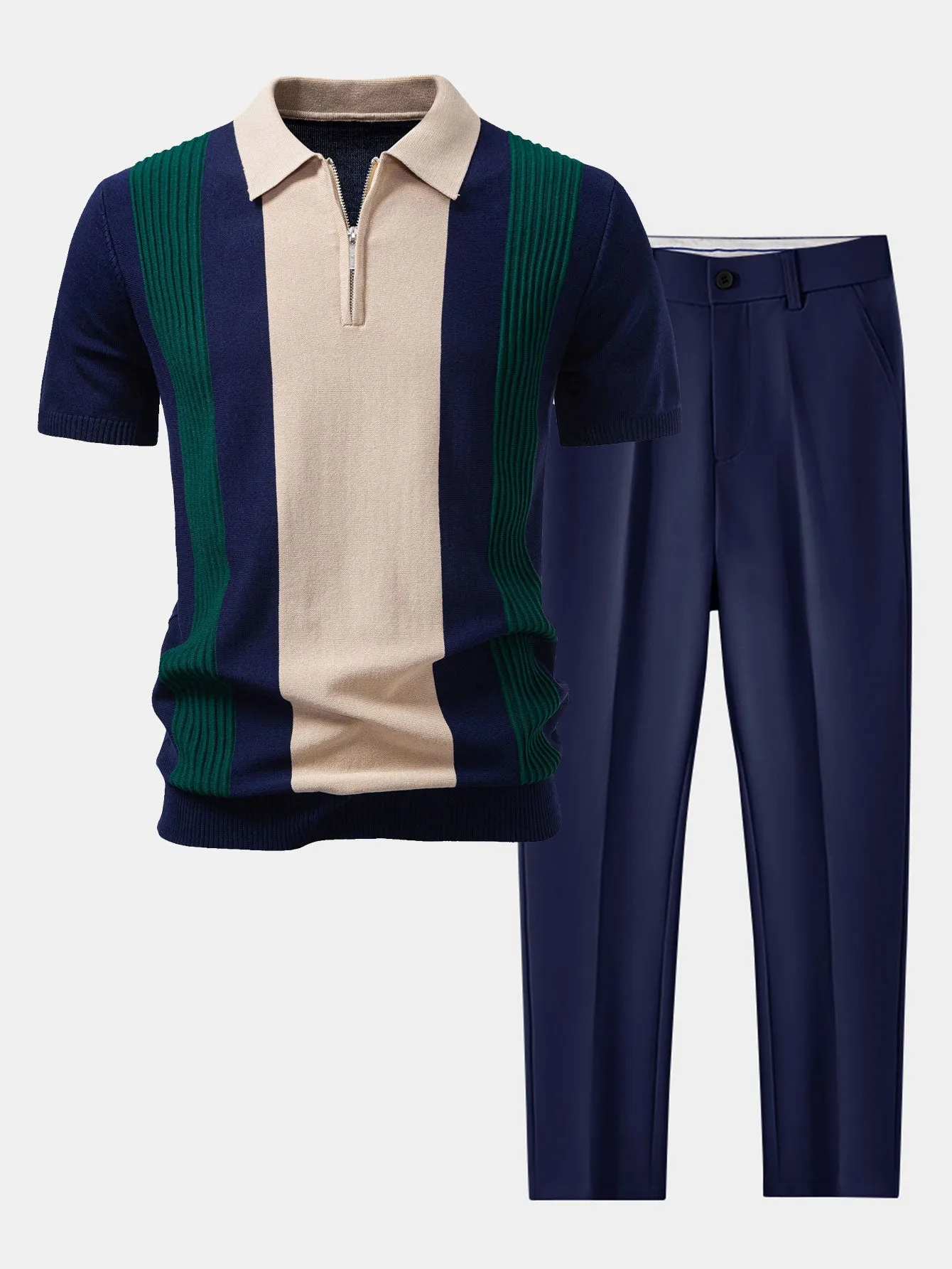Textured Color Block Knit Polo & Slim Fit Tapered Trousers sold by Hoooyi product image thumbnail 2
