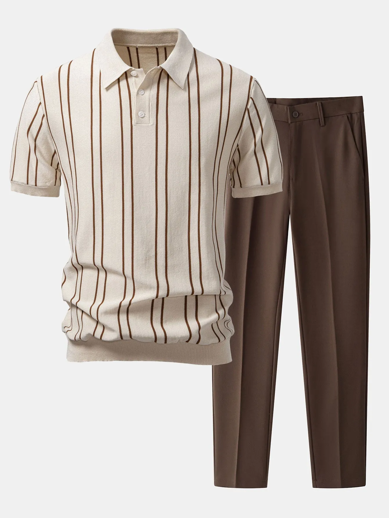Striped Knitted Polo Shirt & Slim Fit Tapered Trousers sold by Hoooyi