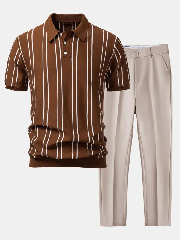 Striped Knitted Polo Shirt & Slim Fit Tapered Trousers sold by Hoooyi