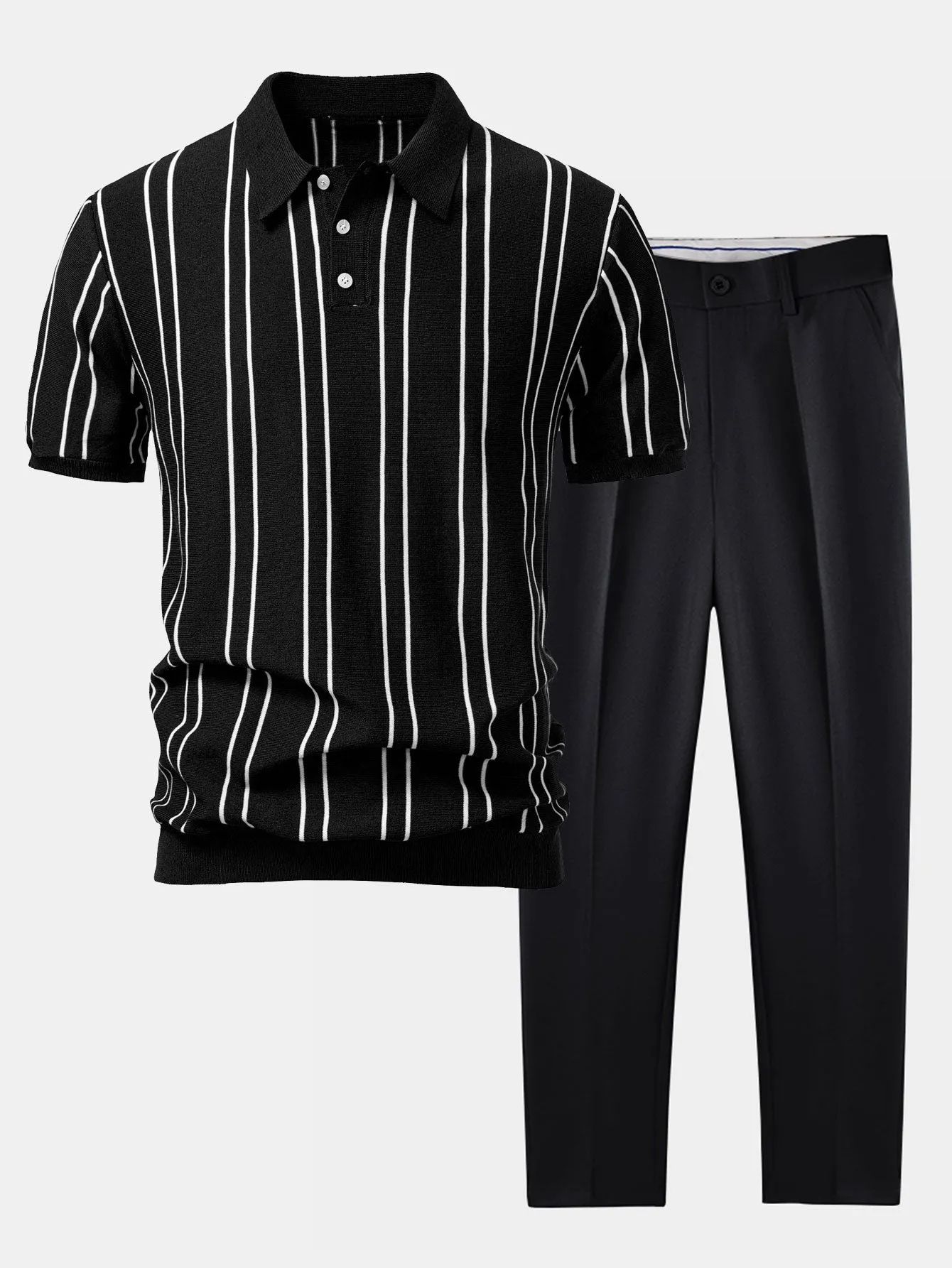 Striped Knitted Polo Shirt & Slim Fit Tapered Trousers sold by Hoooyi product image thumbnail 2