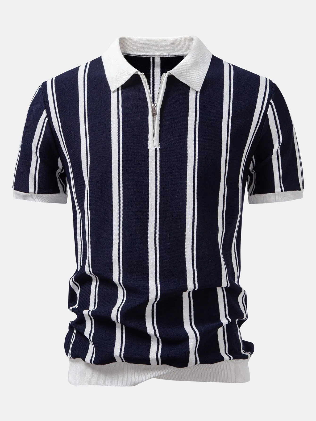 Striped Zip Up Knit Polo sold by Hoooyi