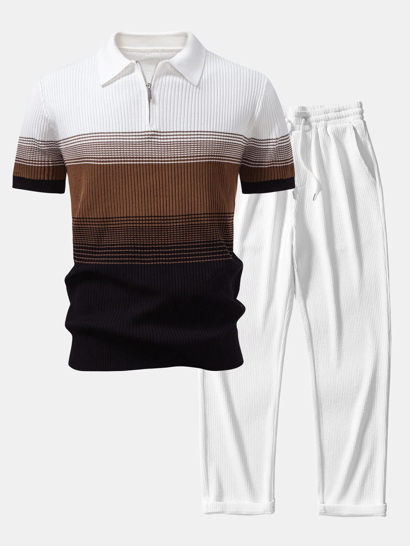 Striped Gradient Knitted Polo Shirt & Straight Leg Ribbed Pants sold by Hoooyi product image thumbnail 3