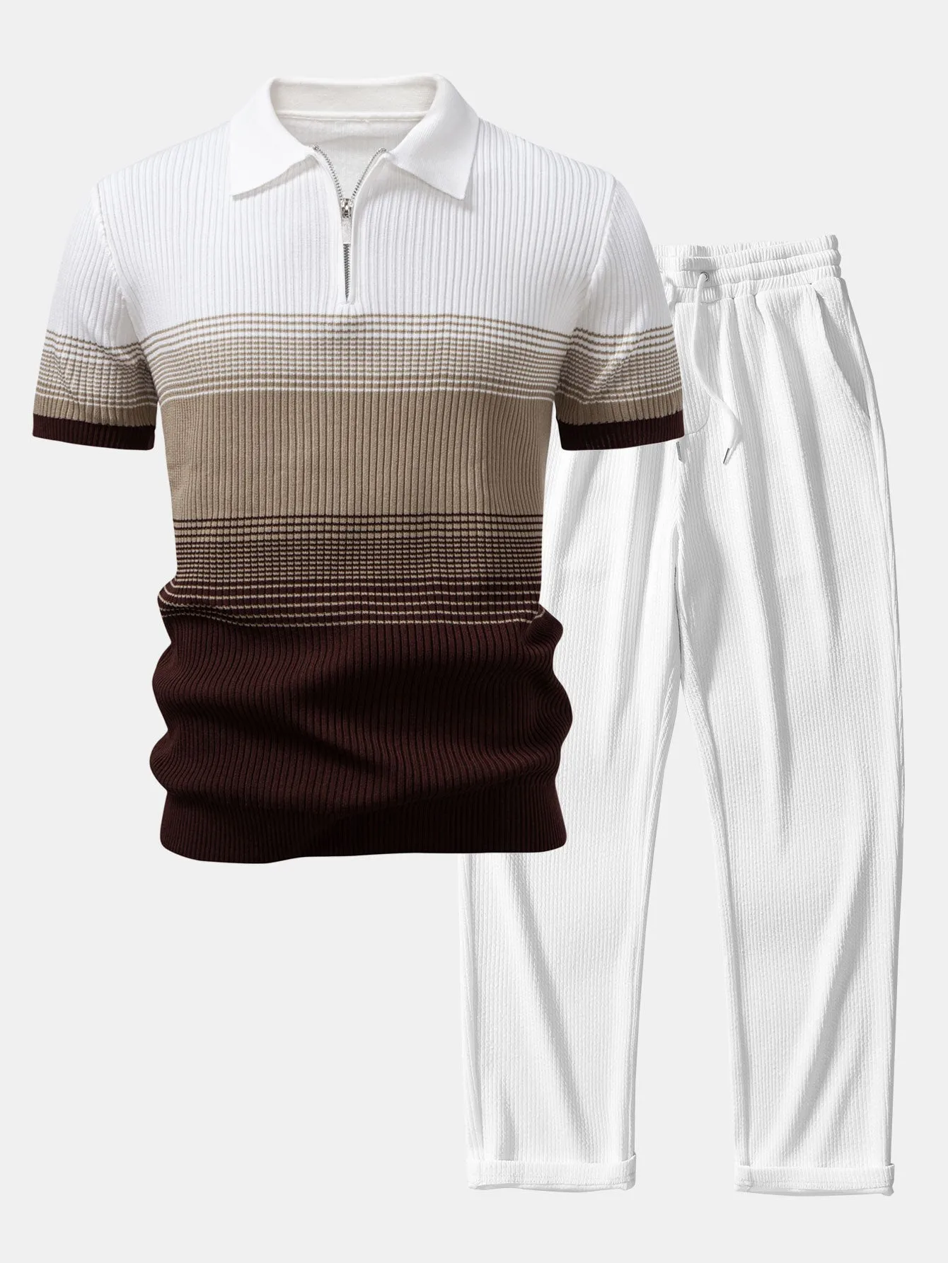 Striped Gradient Knitted Polo Shirt & Straight Leg Ribbed Pants sold by Hoooyi product image thumbnail 5