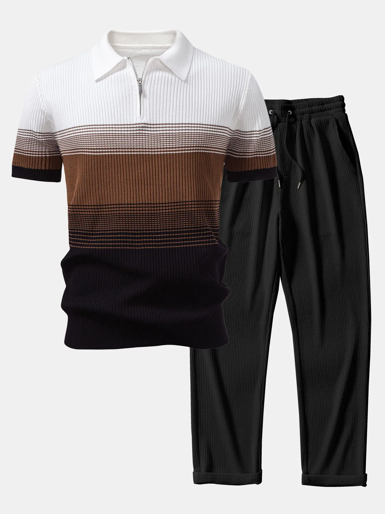 Striped Gradient Knitted Polo Shirt & Straight Leg Ribbed Pants sold by Hoooyi product image thumbnail 2