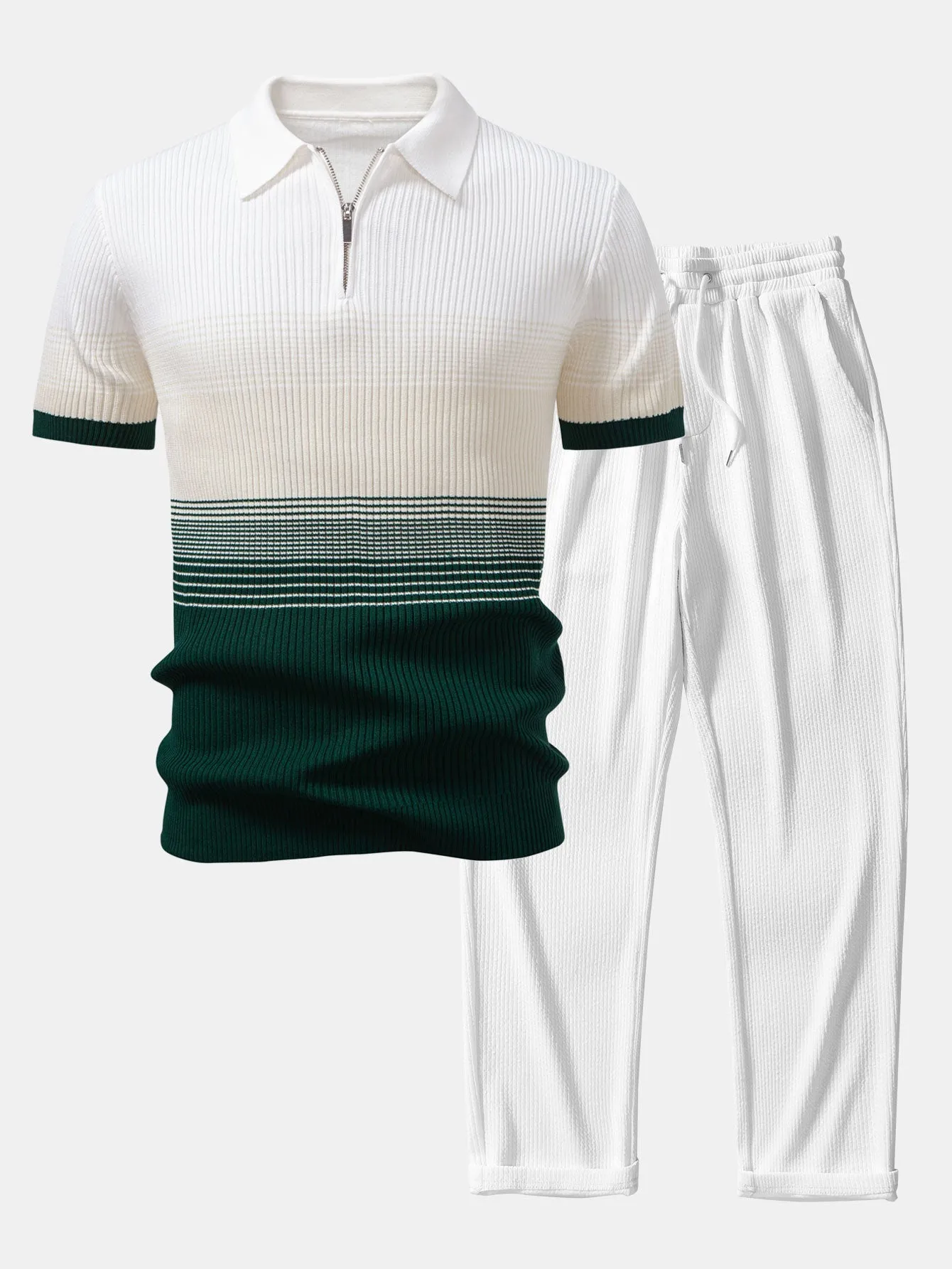 Striped Gradient Knitted Polo Shirt & Straight Leg Ribbed Pants sold by Hoooyi product image thumbnail 4