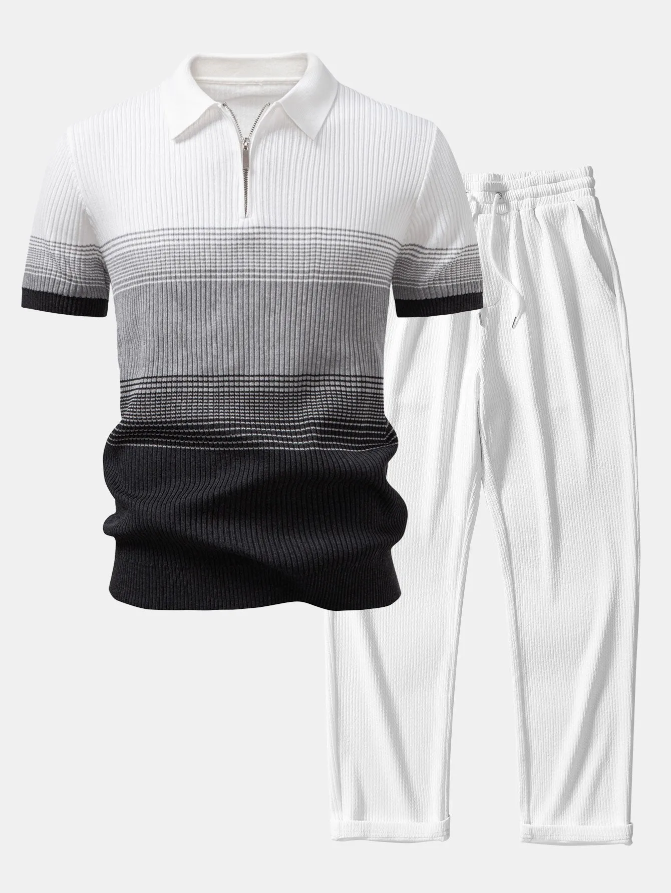 Striped Gradient Knitted Polo Shirt & Straight Leg Ribbed Pants sold by Hoooyi