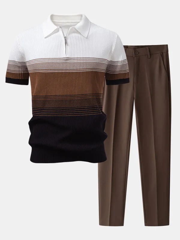 Striped Gradient Knitted Polo Shirt & Slim Fit Tapered Trousers sold by Hoooyi