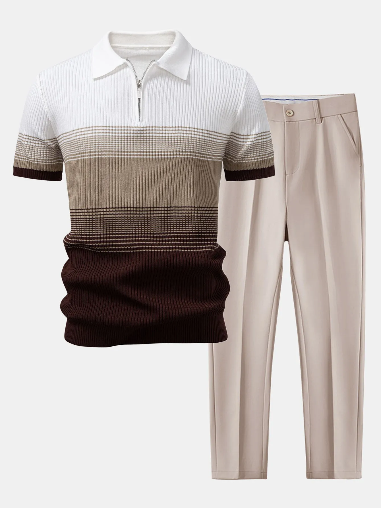 Striped Gradient Knitted Polo Shirt & Slim Fit Tapered Trousers sold by Hoooyi product image thumbnail 5