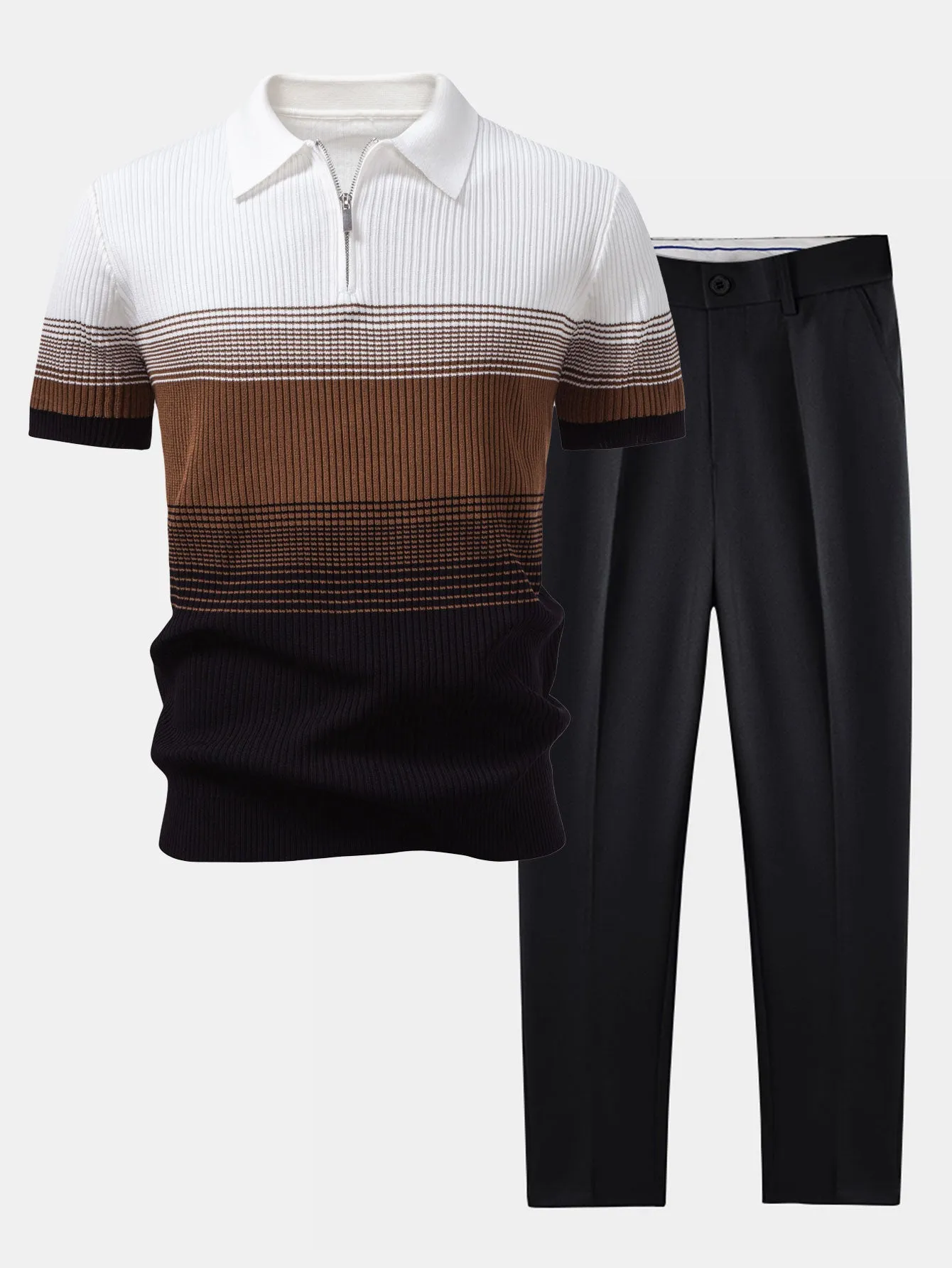 Striped Gradient Knitted Polo Shirt & Slim Fit Tapered Trousers sold by Hoooyi product image thumbnail 3