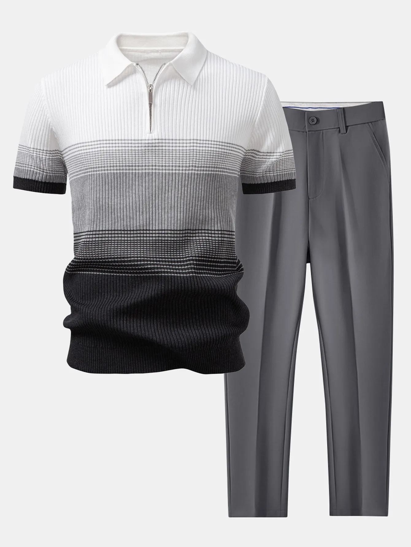 Striped Gradient Knitted Polo Shirt & Slim Fit Tapered Trousers sold by Hoooyi product image thumbnail 4