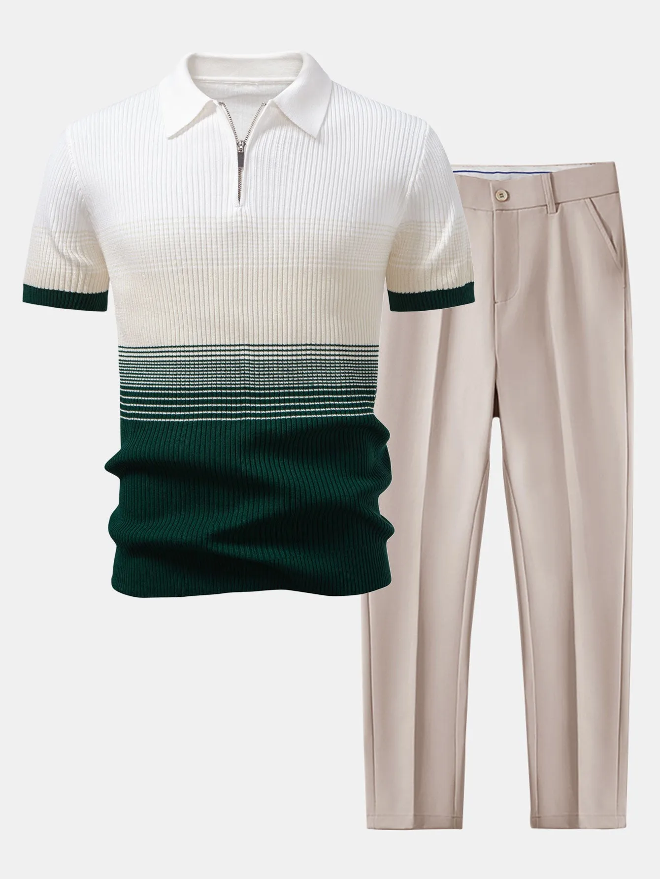 Striped Gradient Knitted Polo Shirt & Slim Fit Tapered Trousers sold by Hoooyi product image thumbnail 2