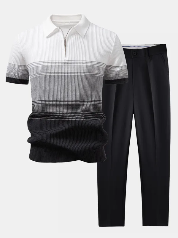 Striped Gradient Knitted Polo Shirt & Slim Fit Tapered Trousers sold by Hoooyi