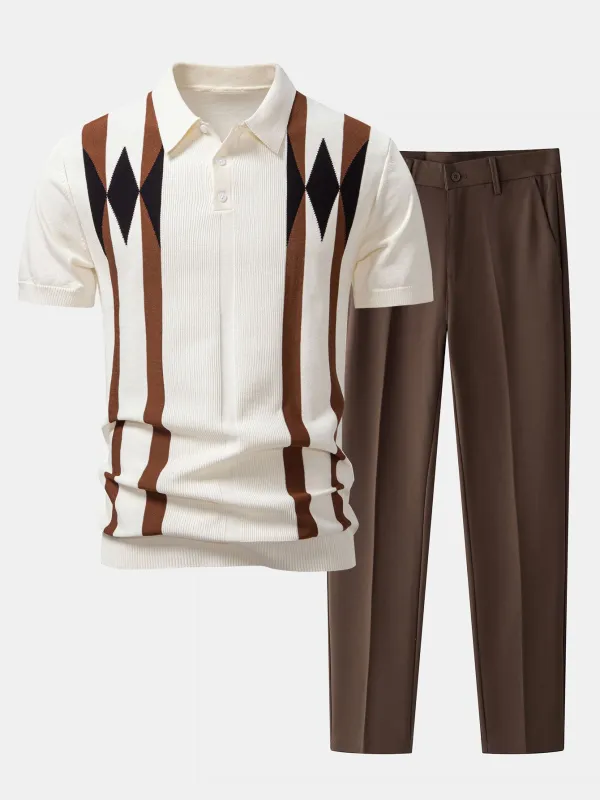 Stripe Geometric Jacquard Knitted Polo Shirt & Slim Fit Tapered Trousers sold by Hoooyi