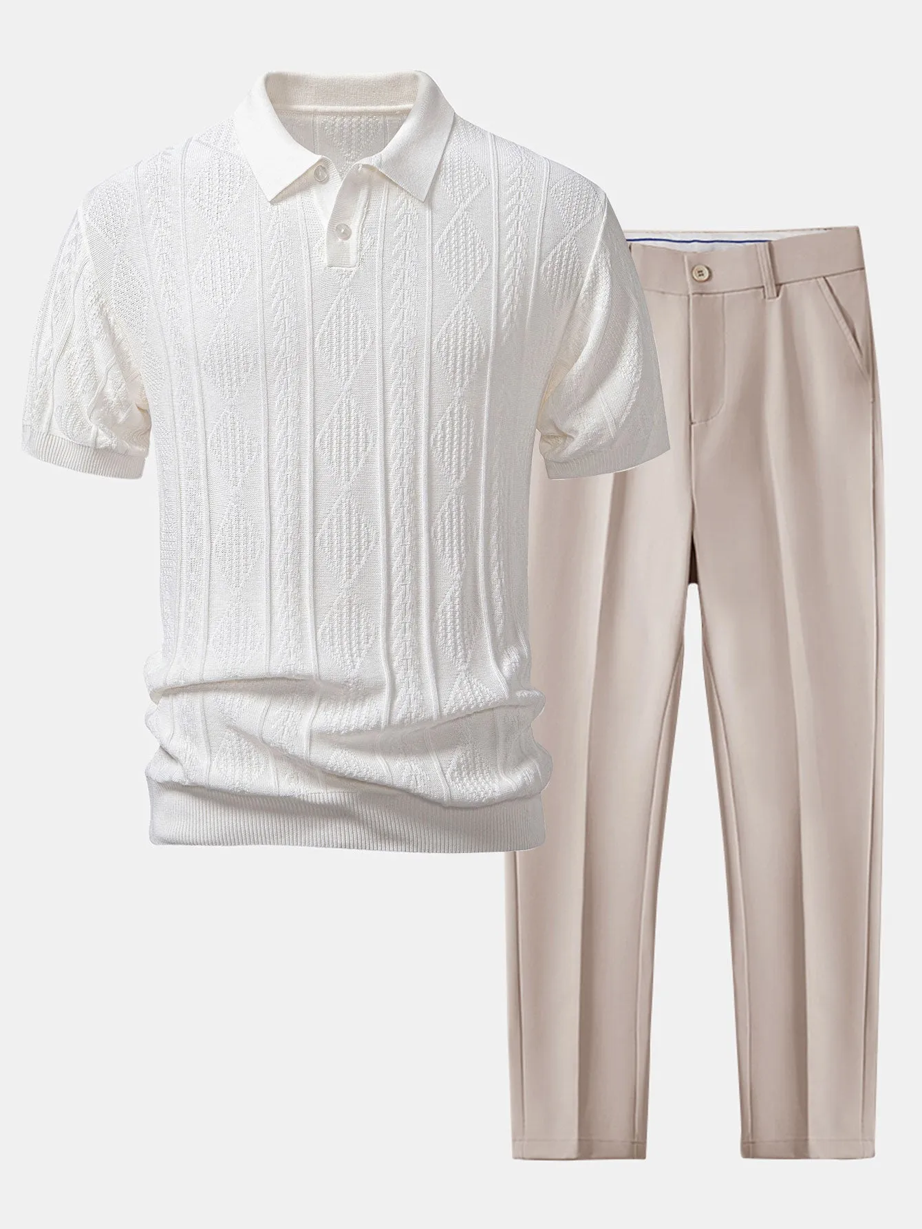 Geometric Jacquard Knitted Polo Shirt & Slim Fit Tapered Trousers sold by Hoooyi