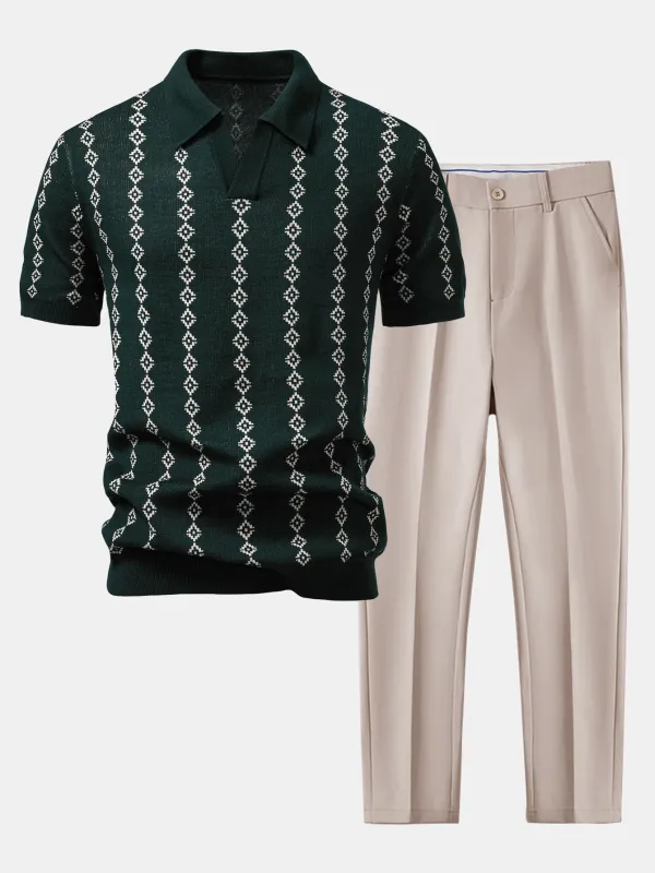 Geometric Knit V Neck Polo Shirt & Slim Fit Tapered Trousers sold by Hoooyi