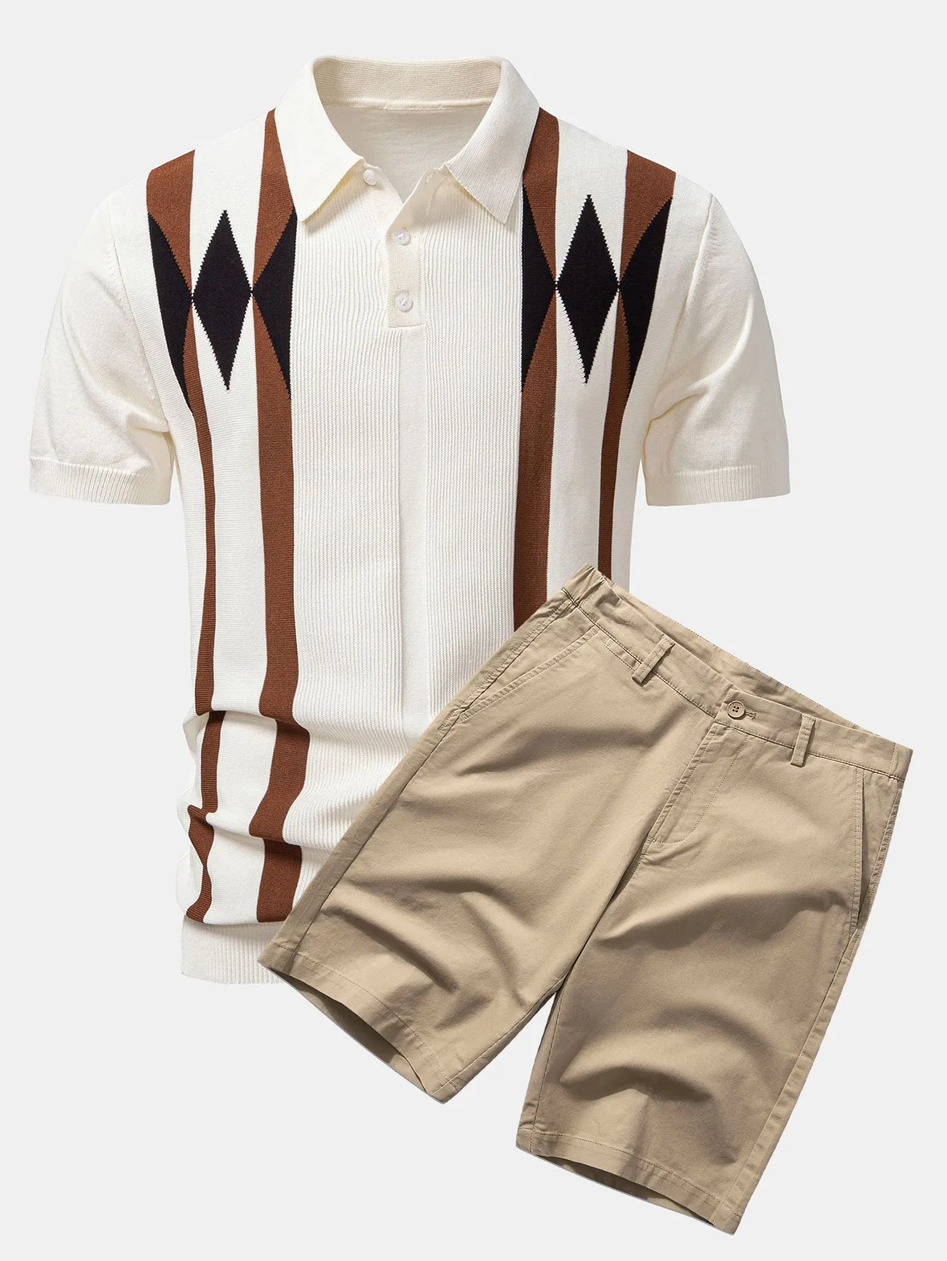 Stripe Geometric Jacquard Knitted Polo Shirt & Cotton Chino Shorts sold by Hoooyi product image thumbnail 2