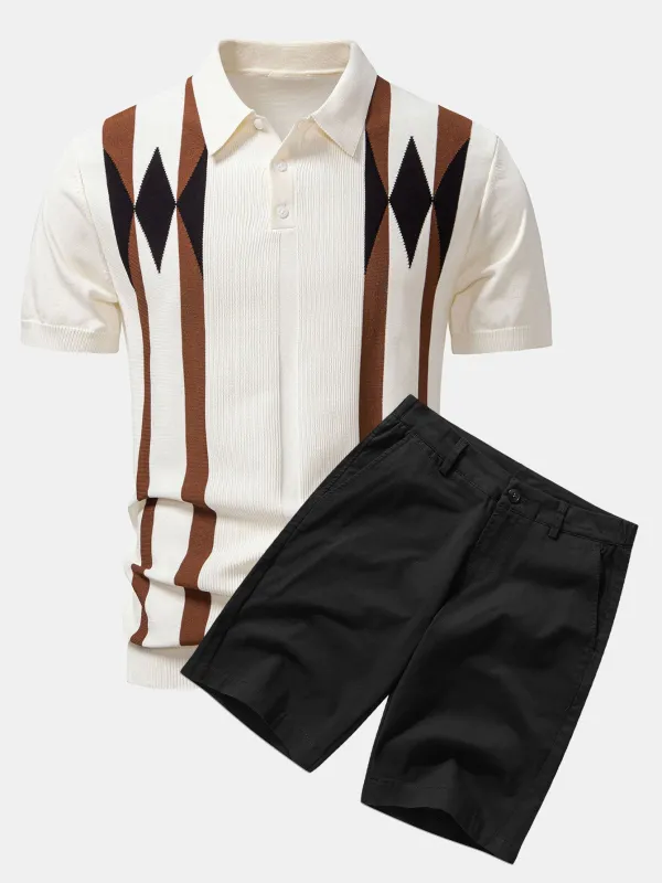 Stripe Geometric Jacquard Knitted Polo Shirt & Cotton Chino Shorts sold by Hoooyi