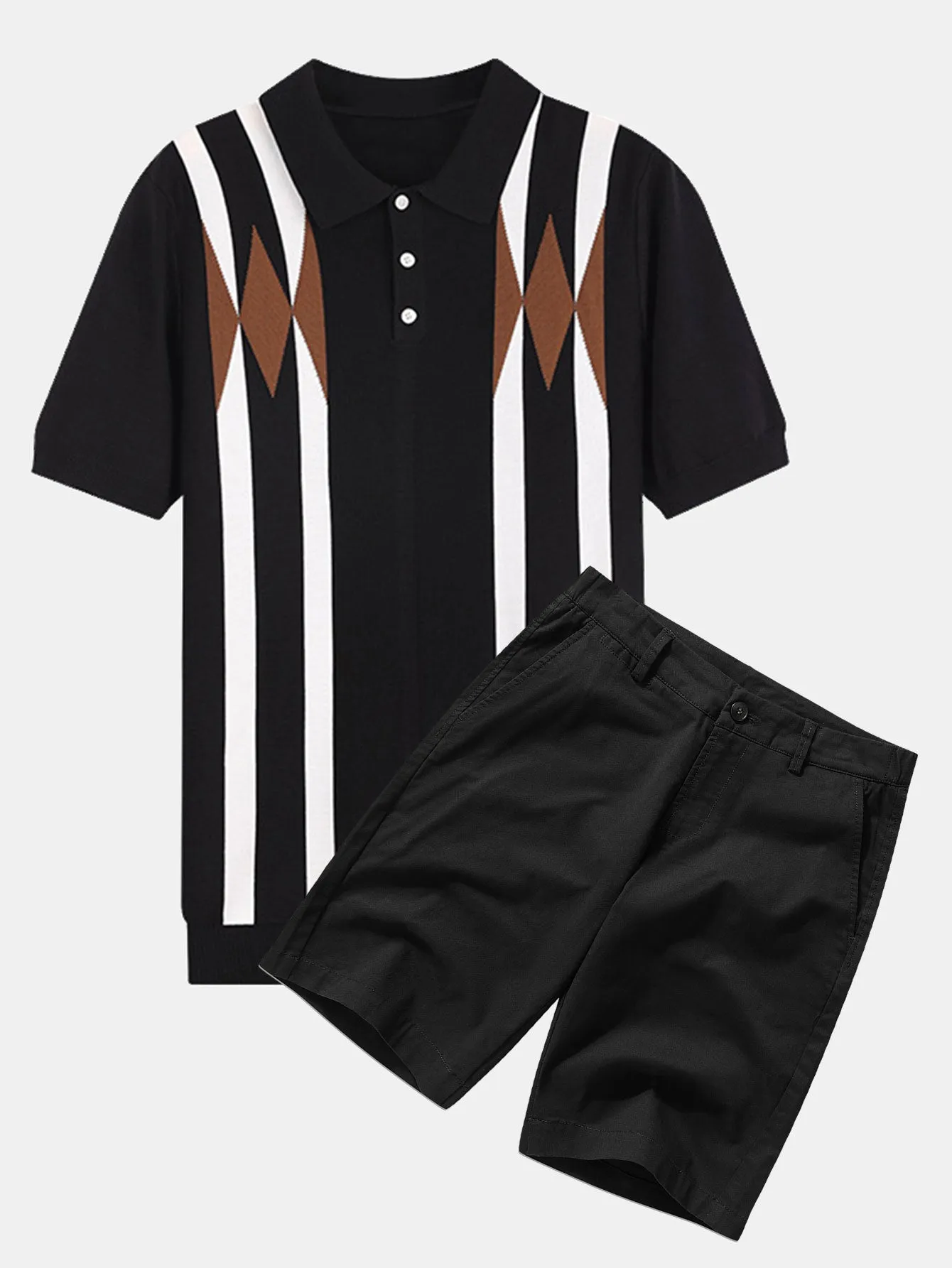 Stripe Geometric Jacquard Knitted Polo Shirt & Cotton Chino Shorts sold by Hoooyi product image thumbnail 4