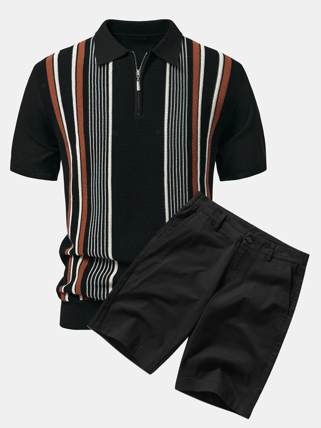 Stripe Knit Zip Up Polo Shirt & Cotton Chino Shorts sold by Hoooyi product image thumbnail 3