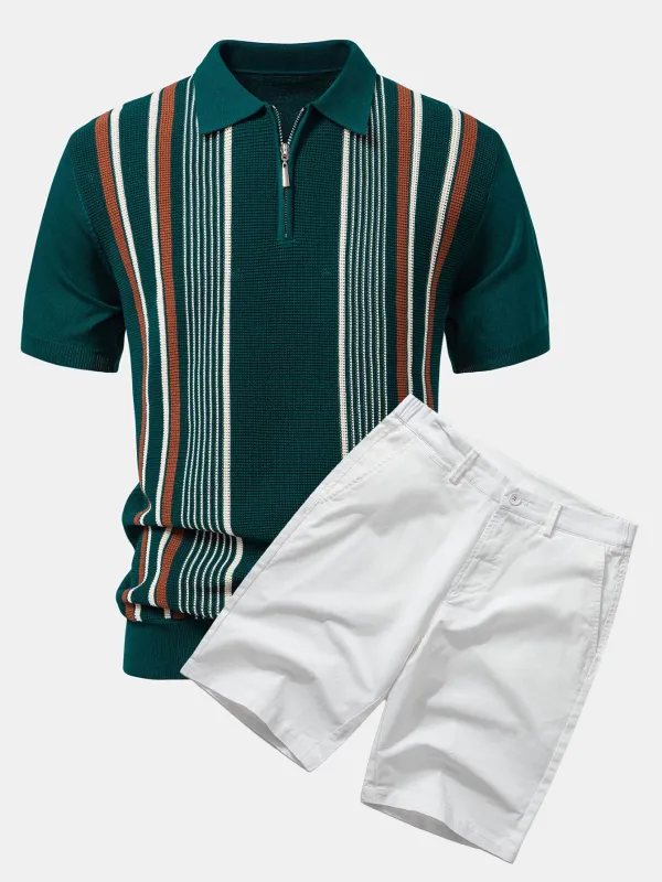 Stripe Knit Zip Up Polo Shirt & Cotton Chino Shorts sold by Hoooyi