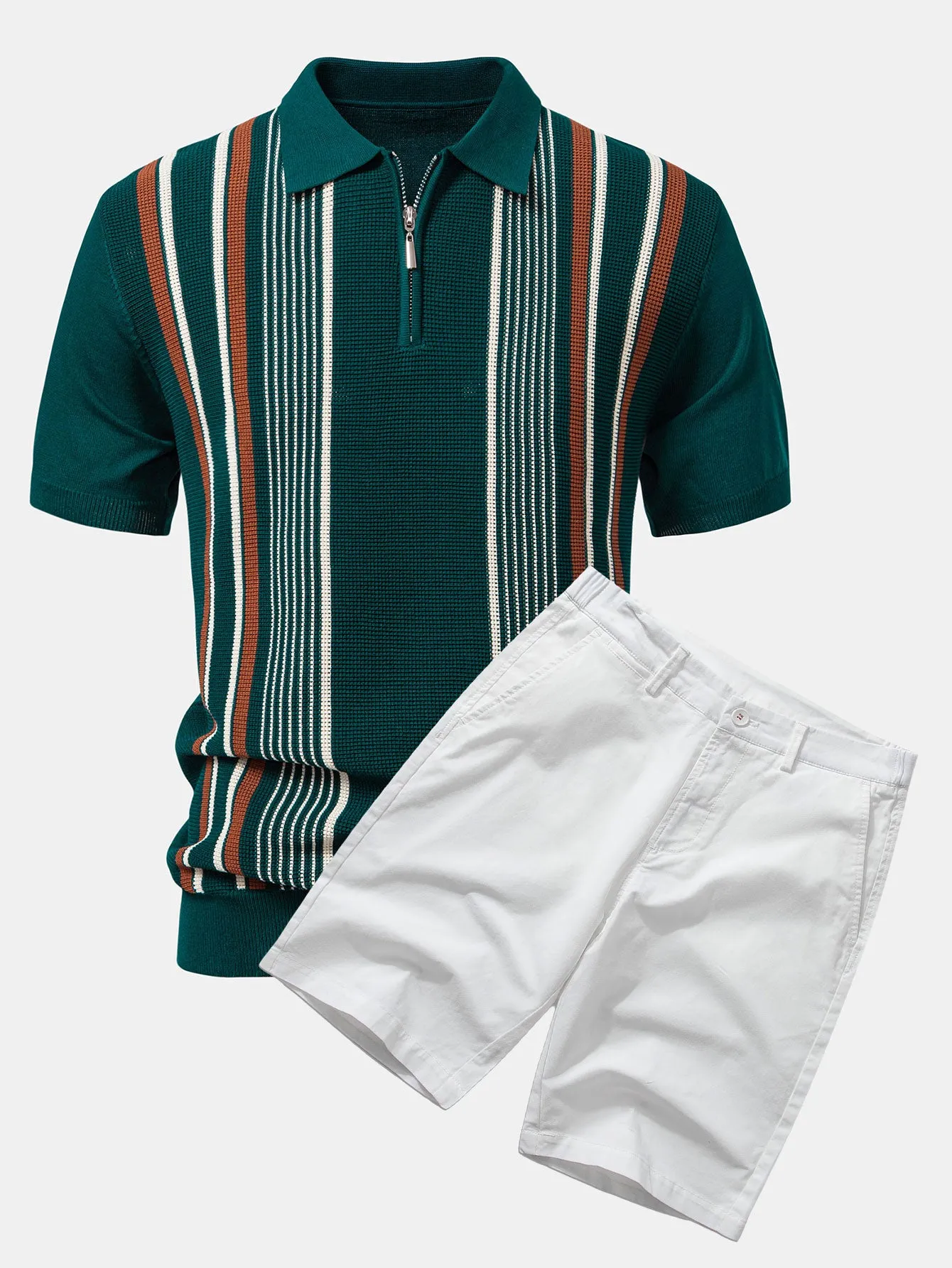 Stripe Knit Zip Up Polo Shirt & Cotton Chino Shorts sold by Hoooyi