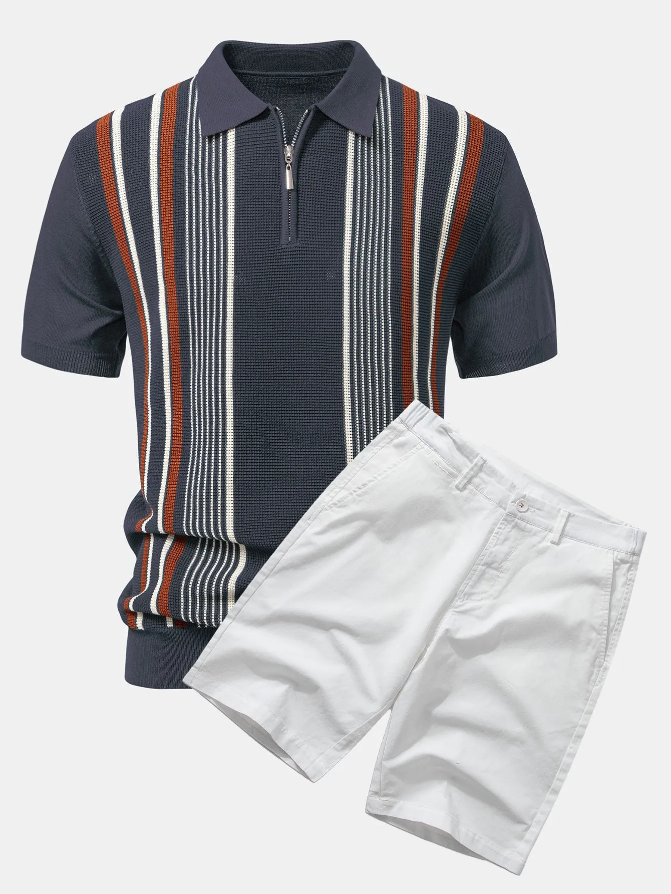 Stripe Knit Zip Up Polo Shirt & Cotton Chino Shorts sold by Hoooyi product image thumbnail 2