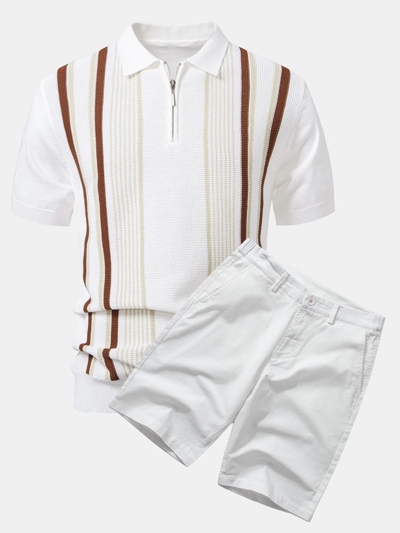 Stripe Knit Zip Up Polo Shirt & Cotton Chino Shorts sold by Hoooyi product image thumbnail 4