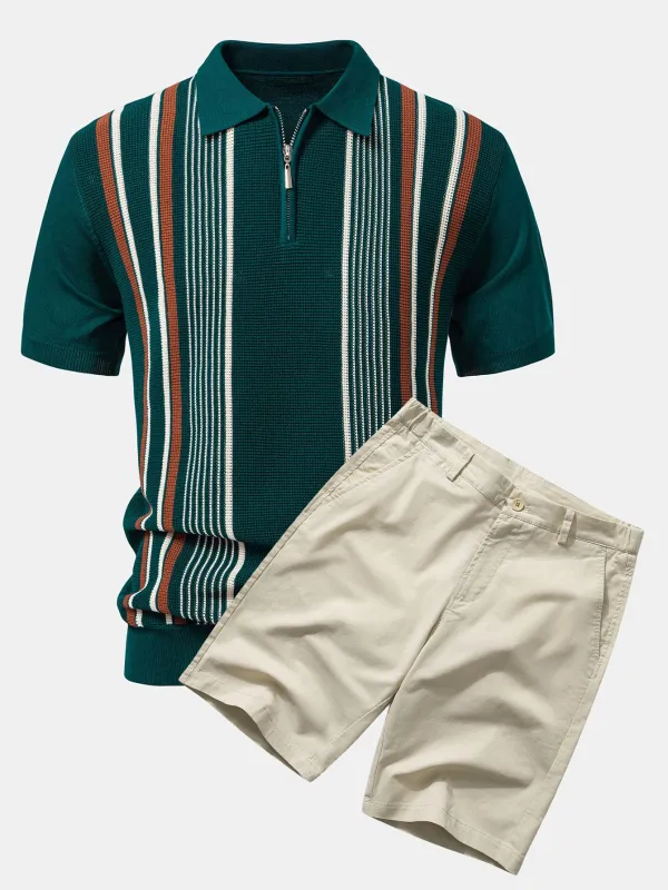 Stripe Knit Zip Up Polo Shirt & Cotton Chino Shorts sold by Hoooyi