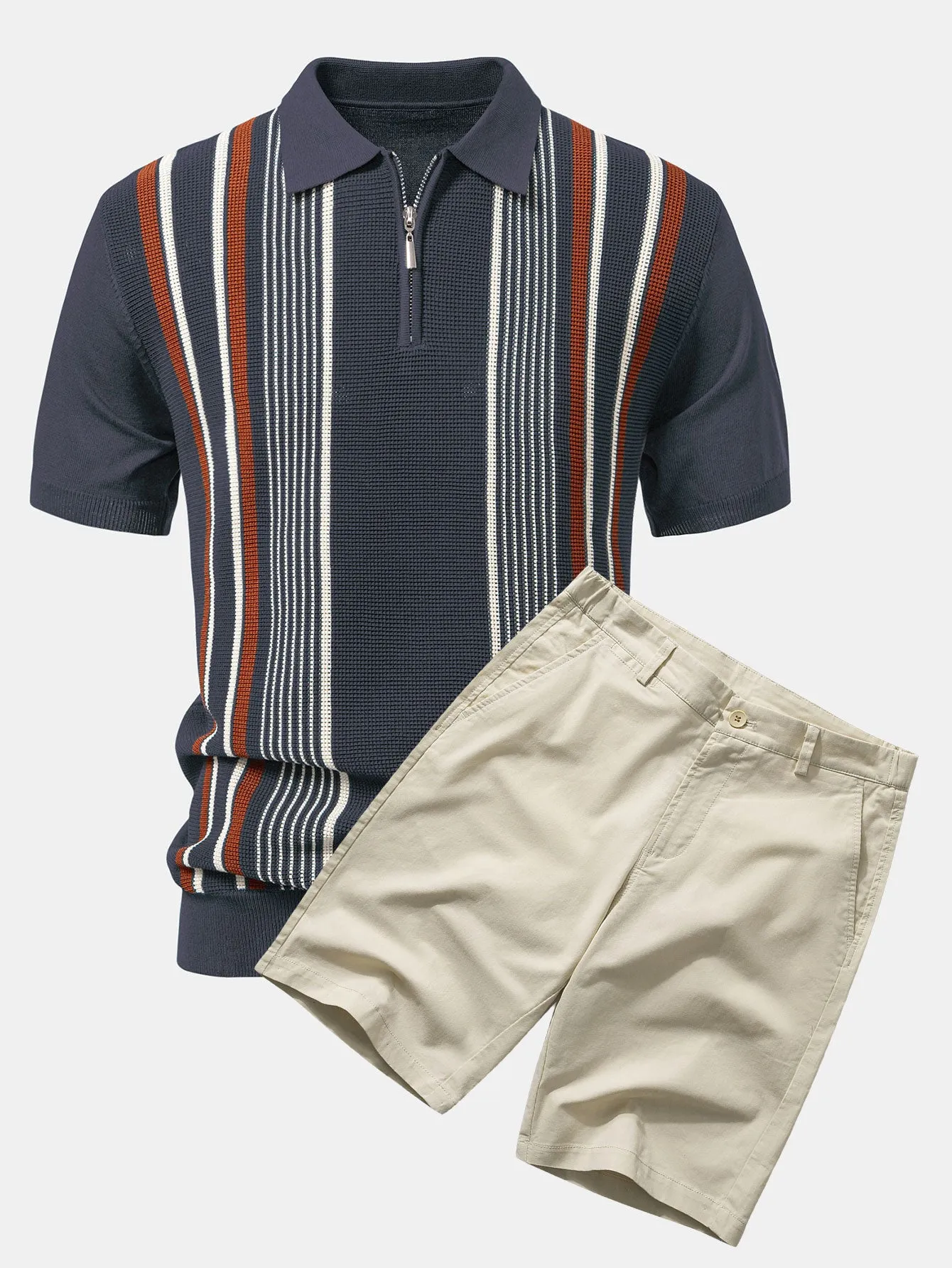 Stripe Knit Zip Up Polo Shirt & Cotton Chino Shorts sold by Hoooyi product image thumbnail 2