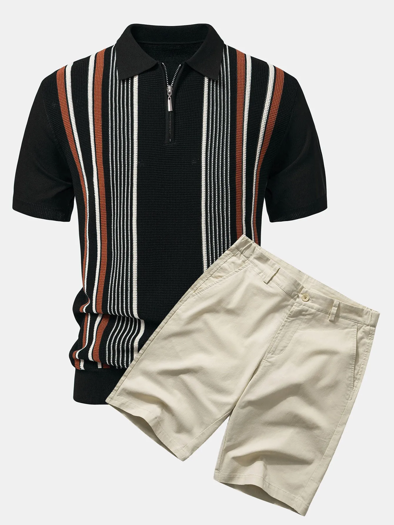 Stripe Knit Zip Up Polo Shirt & Cotton Chino Shorts sold by Hoooyi product image thumbnail 3
