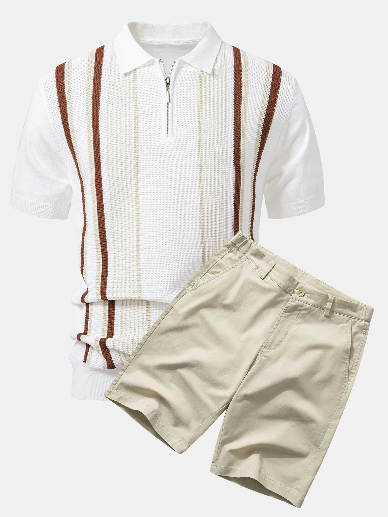Stripe Knit Zip Up Polo Shirt & Cotton Chino Shorts sold by Hoooyi product image thumbnail 4
