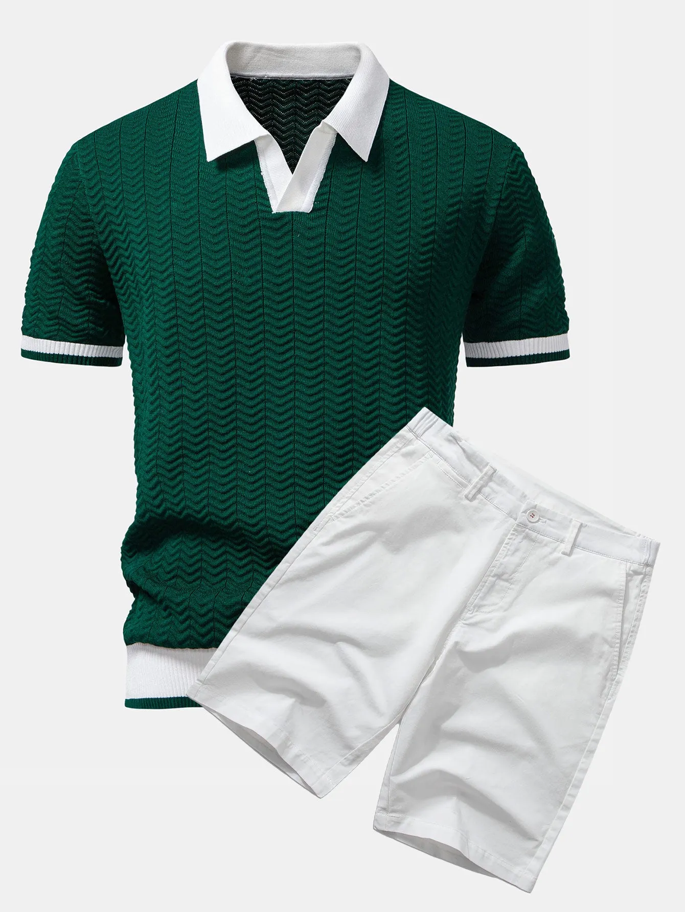 Texture Contrast Knitted V Neck Polo Shirt & Cotton Chino Shorts sold by Hoooyi product image thumbnail 5