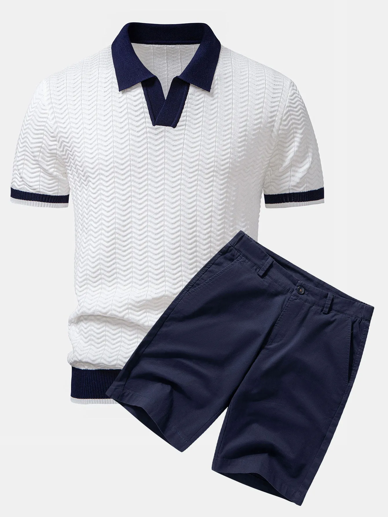 Texture Contrast Knitted V Neck Polo Shirt & Cotton Chino Shorts sold by Hoooyi