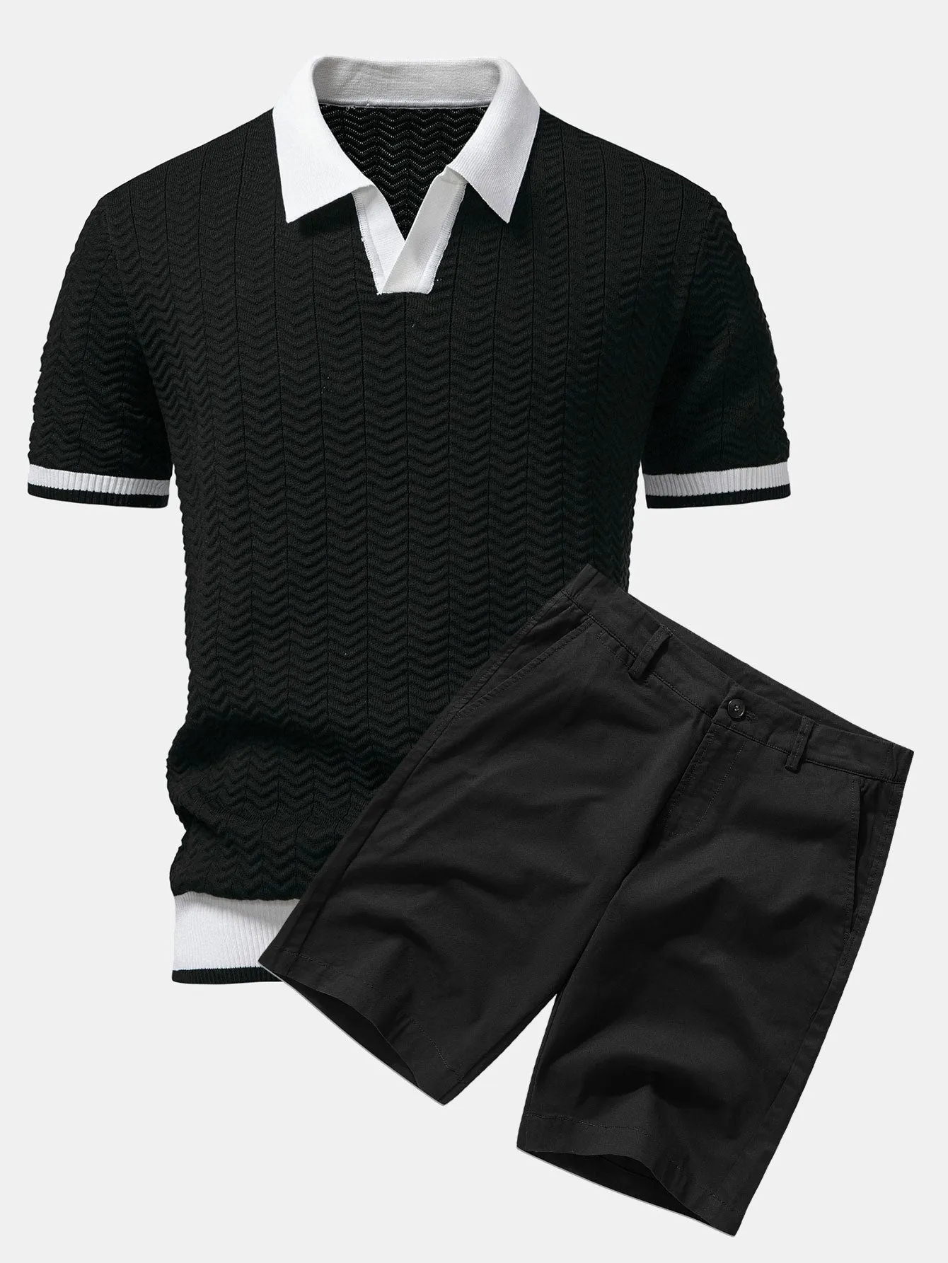 Texture Contrast Knitted V Neck Polo Shirt & Cotton Chino Shorts sold by Hoooyi product image thumbnail 3