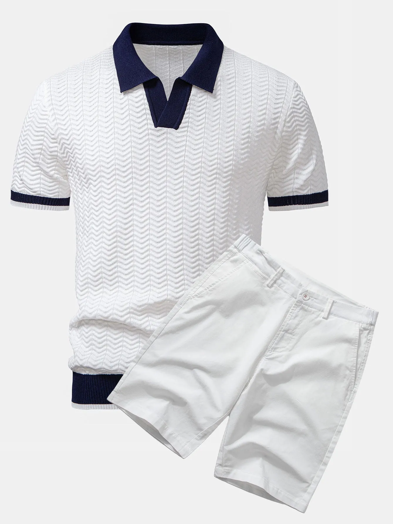 Texture Contrast Knitted V Neck Polo Shirt & Cotton Chino Shorts sold by Hoooyi product image thumbnail 2