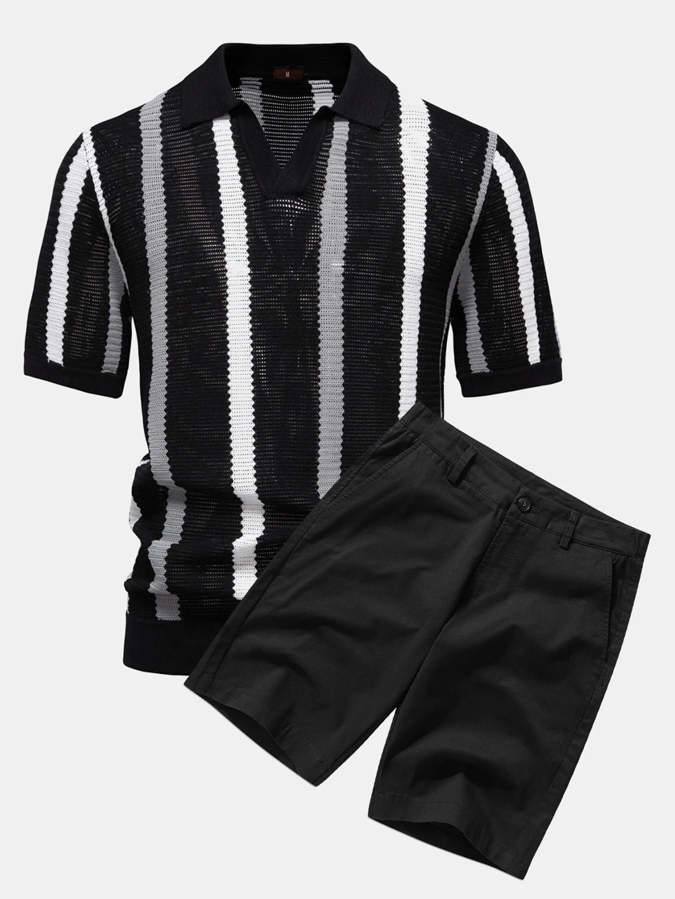 Stripe Knit V Neck Polo Shirt & Cotton Chino Shorts sold by Hoooyi product image thumbnail 4
