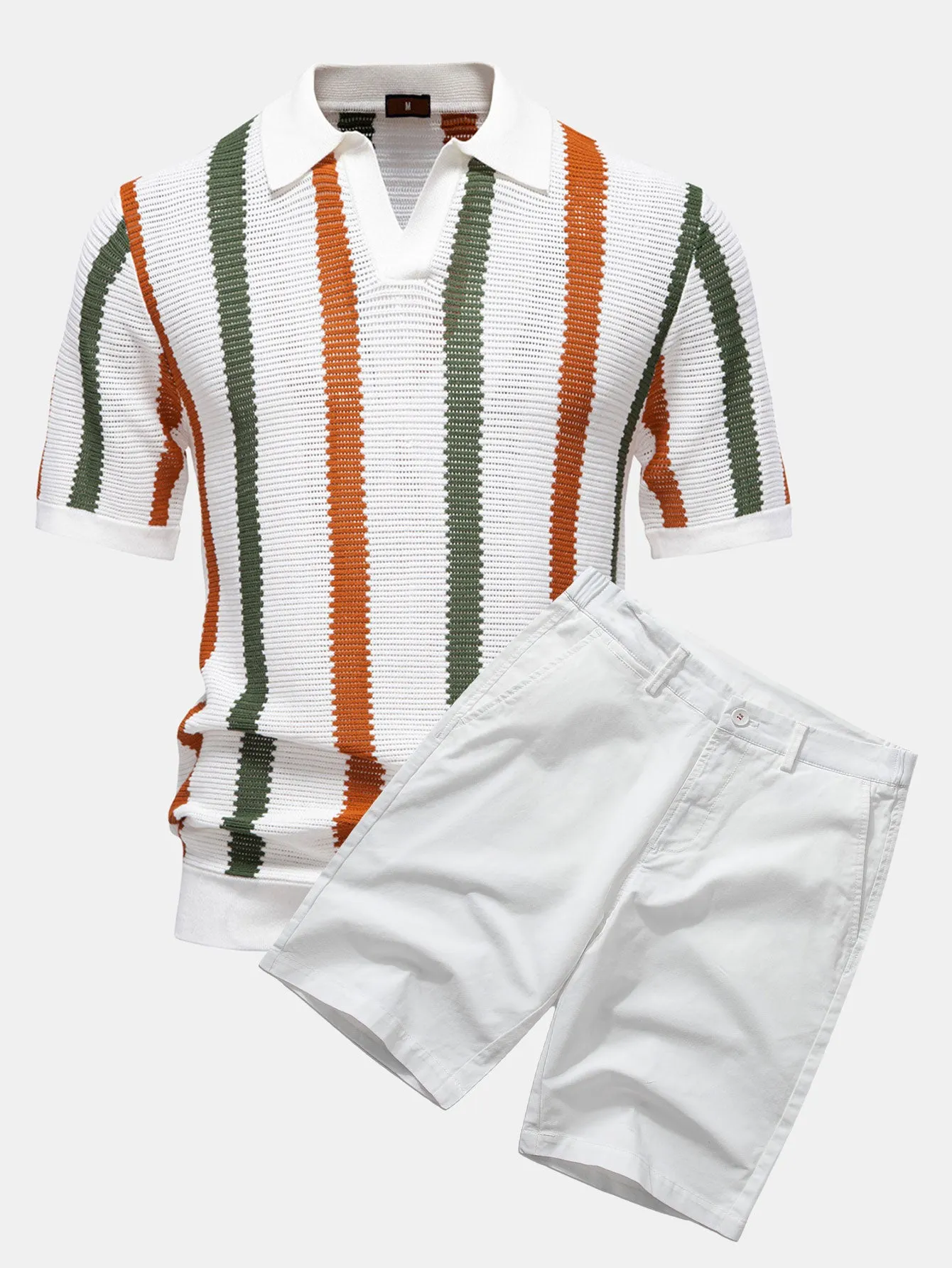 Stripe Knit V Neck Polo Shirt & Cotton Chino Shorts sold by Hoooyi