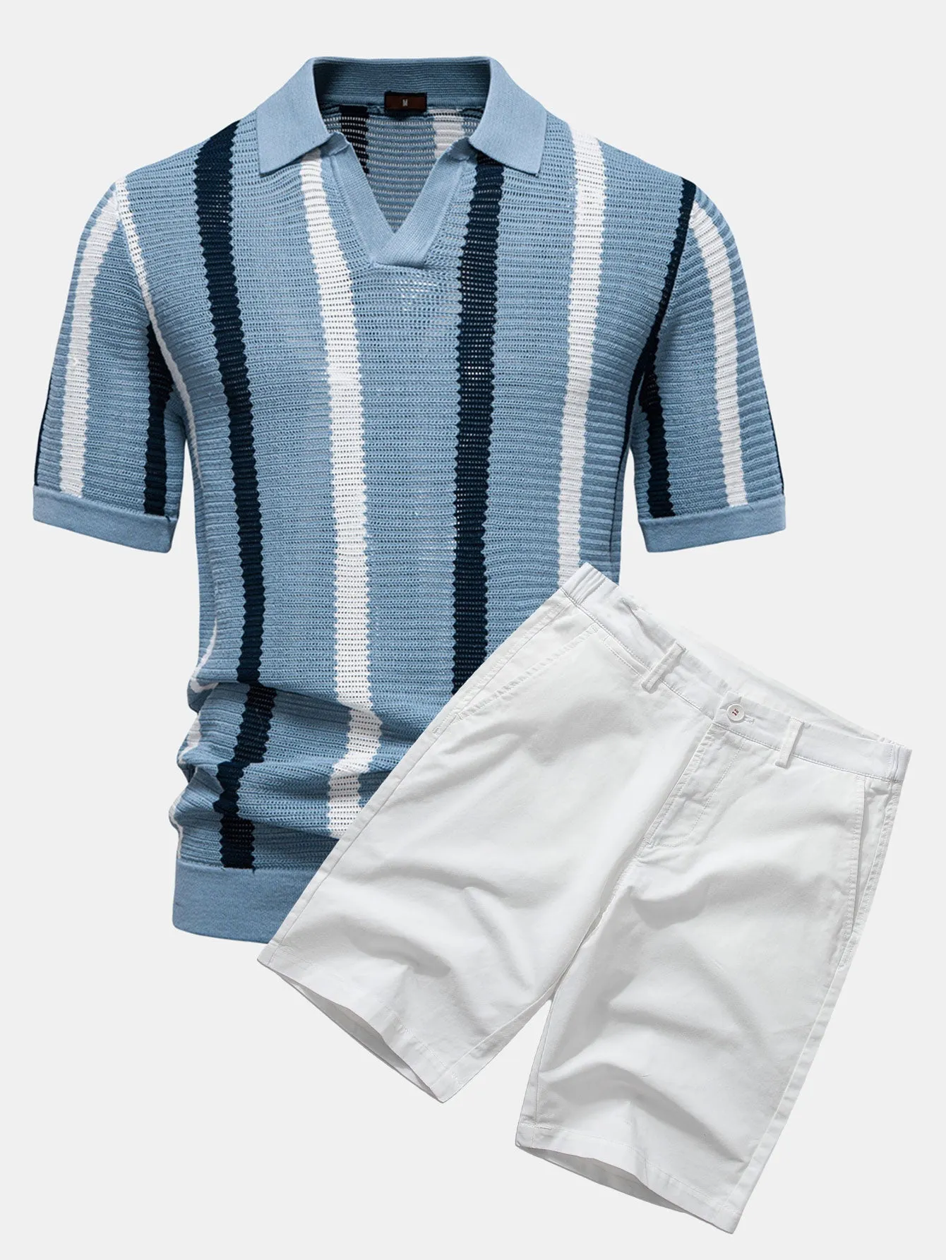 Stripe Knit V Neck Polo Shirt & Cotton Chino Shorts sold by Hoooyi product image thumbnail 3