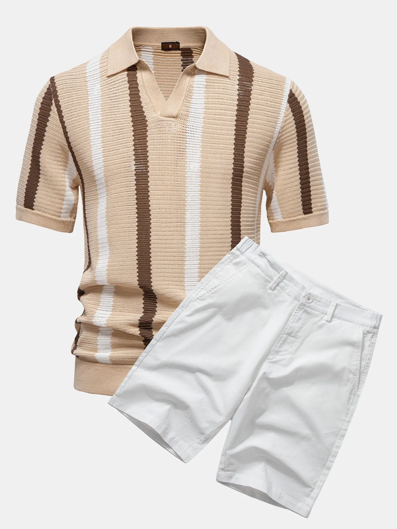 Stripe Knit V Neck Polo Shirt & Cotton Chino Shorts sold by Hoooyi product image thumbnail 2
