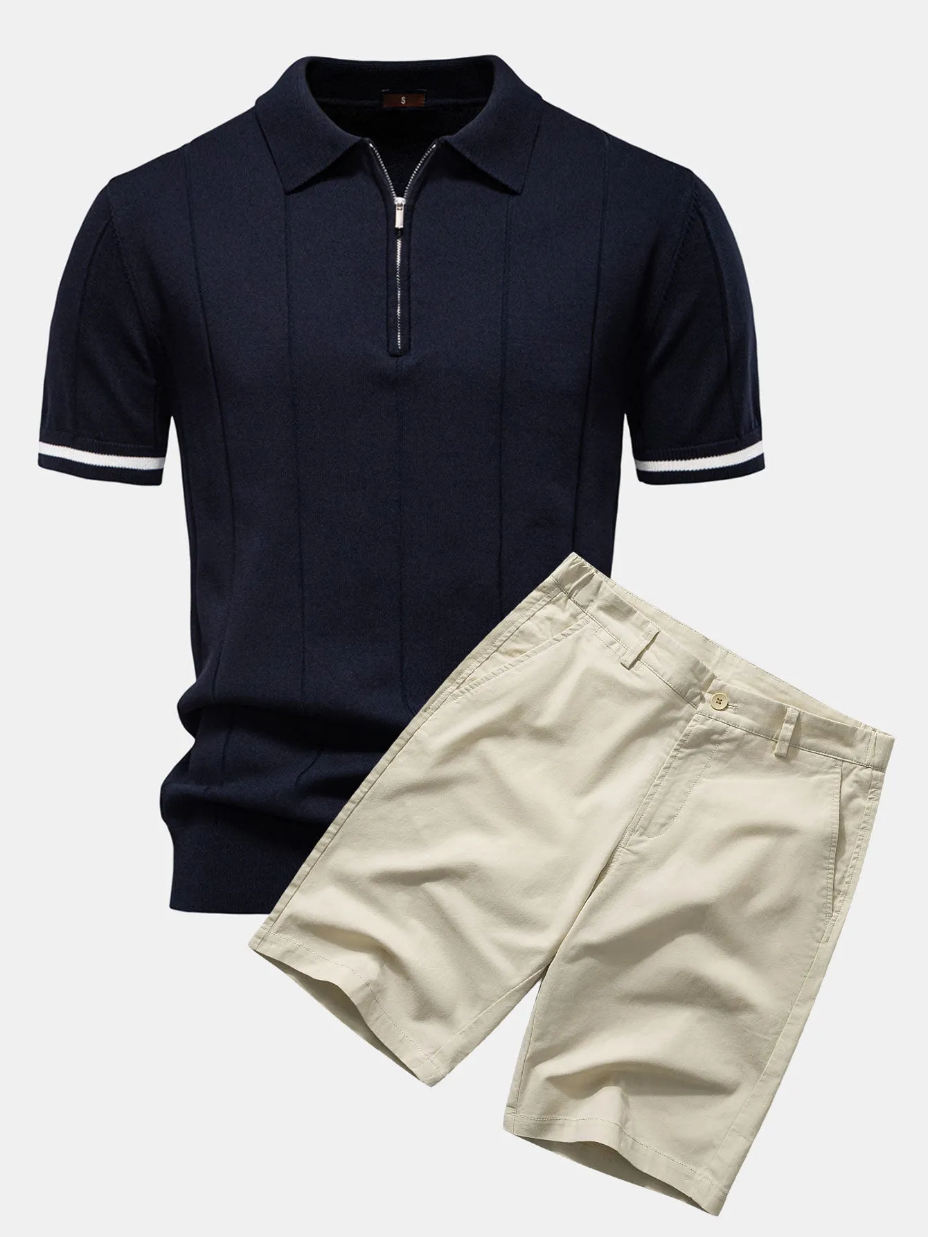 Contrast Trim Zipper Knit Polo Shirt & Cotton Chino Shorts sold by Hoooyi product image thumbnail 5