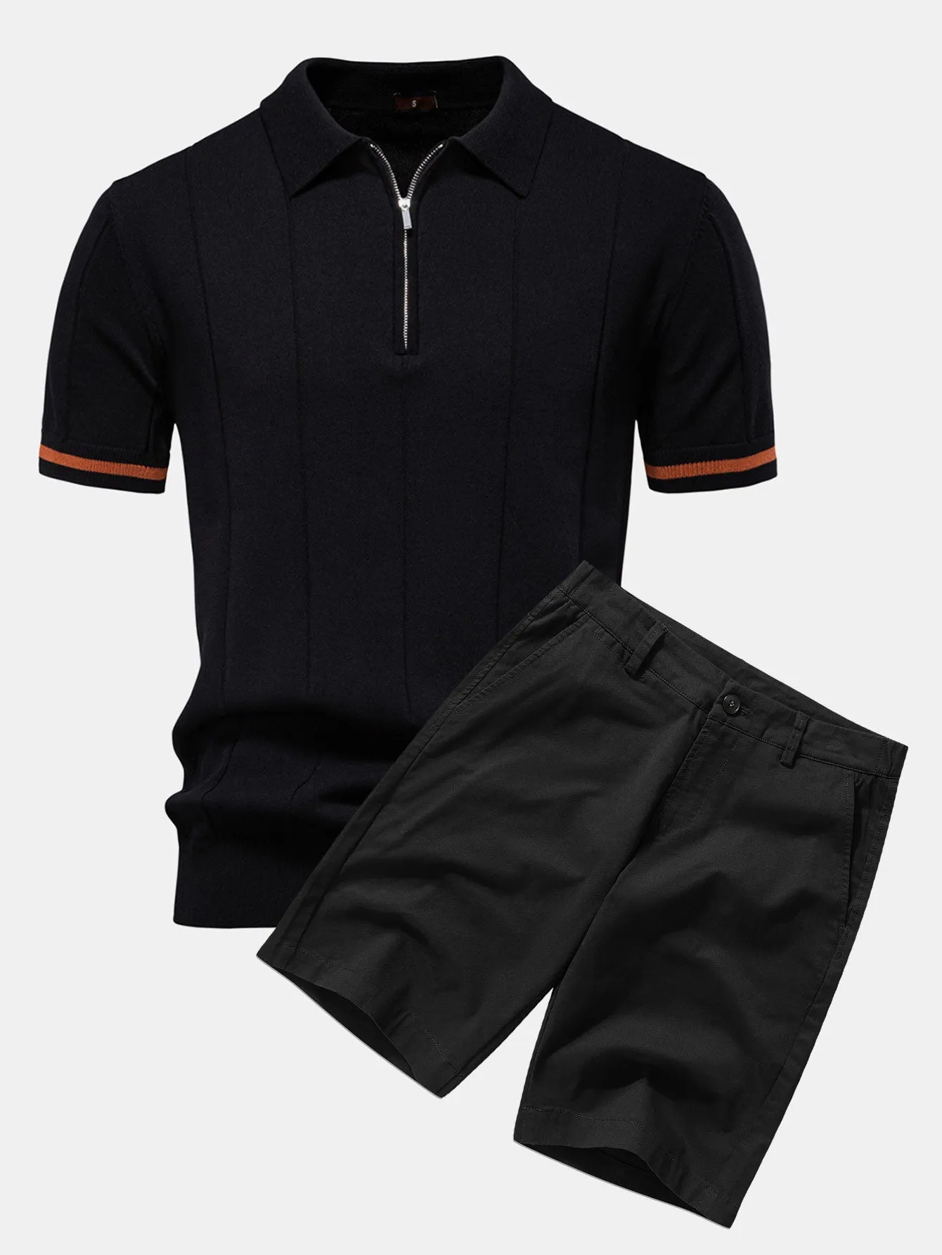 Contrast Trim Zipper Knit Polo Shirt & Cotton Chino Shorts sold by Hoooyi product image thumbnail 2