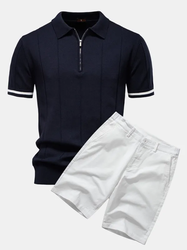 Contrast Trim Zipper Knit Polo Shirt & Cotton Chino Shorts sold by Hoooyi