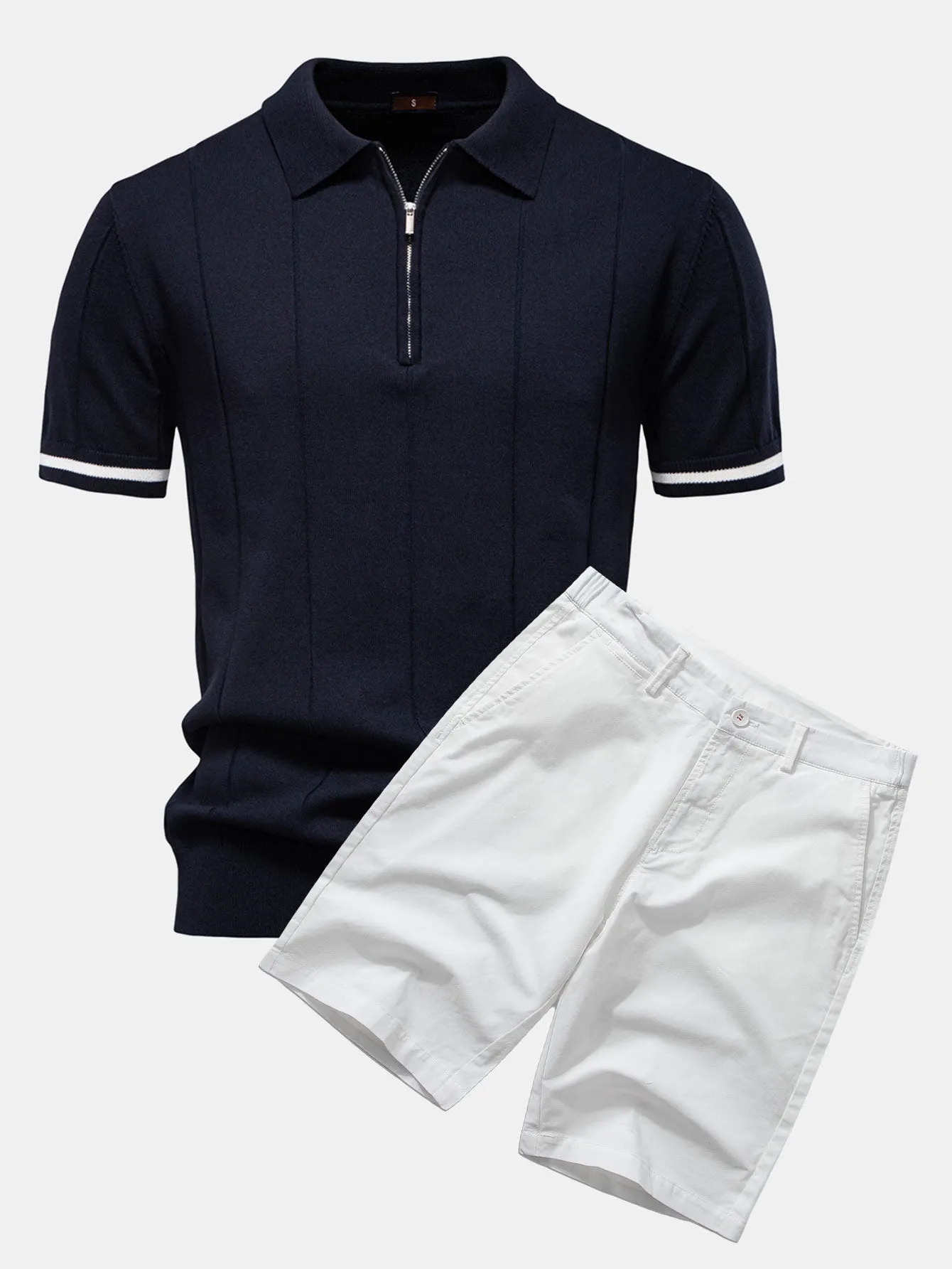 Contrast Trim Zipper Knit Polo Shirt & Cotton Chino Shorts sold by Hoooyi