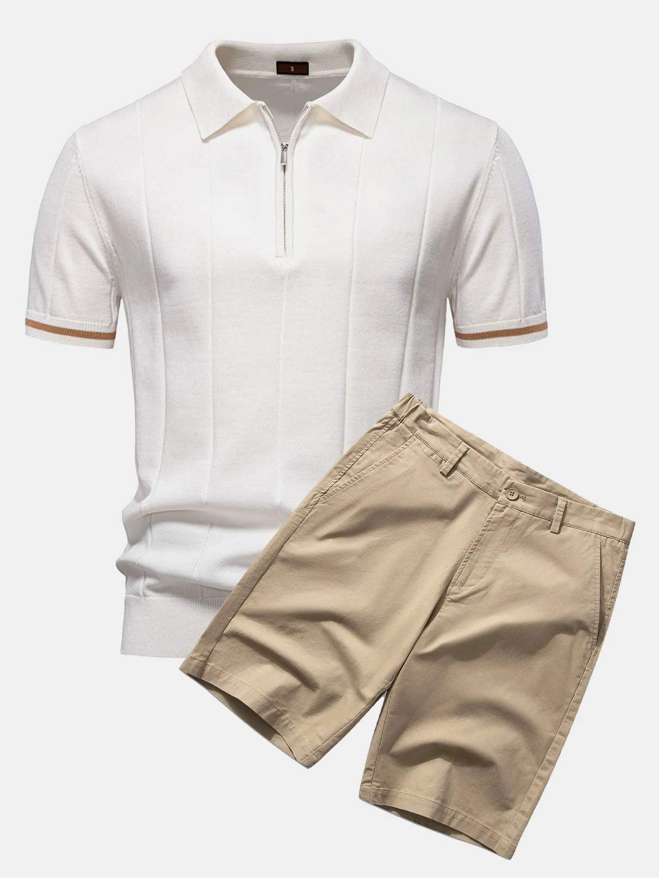 Contrast Trim Zipper Knit Polo Shirt & Cotton Chino Shorts sold by Hoooyi product image thumbnail 3