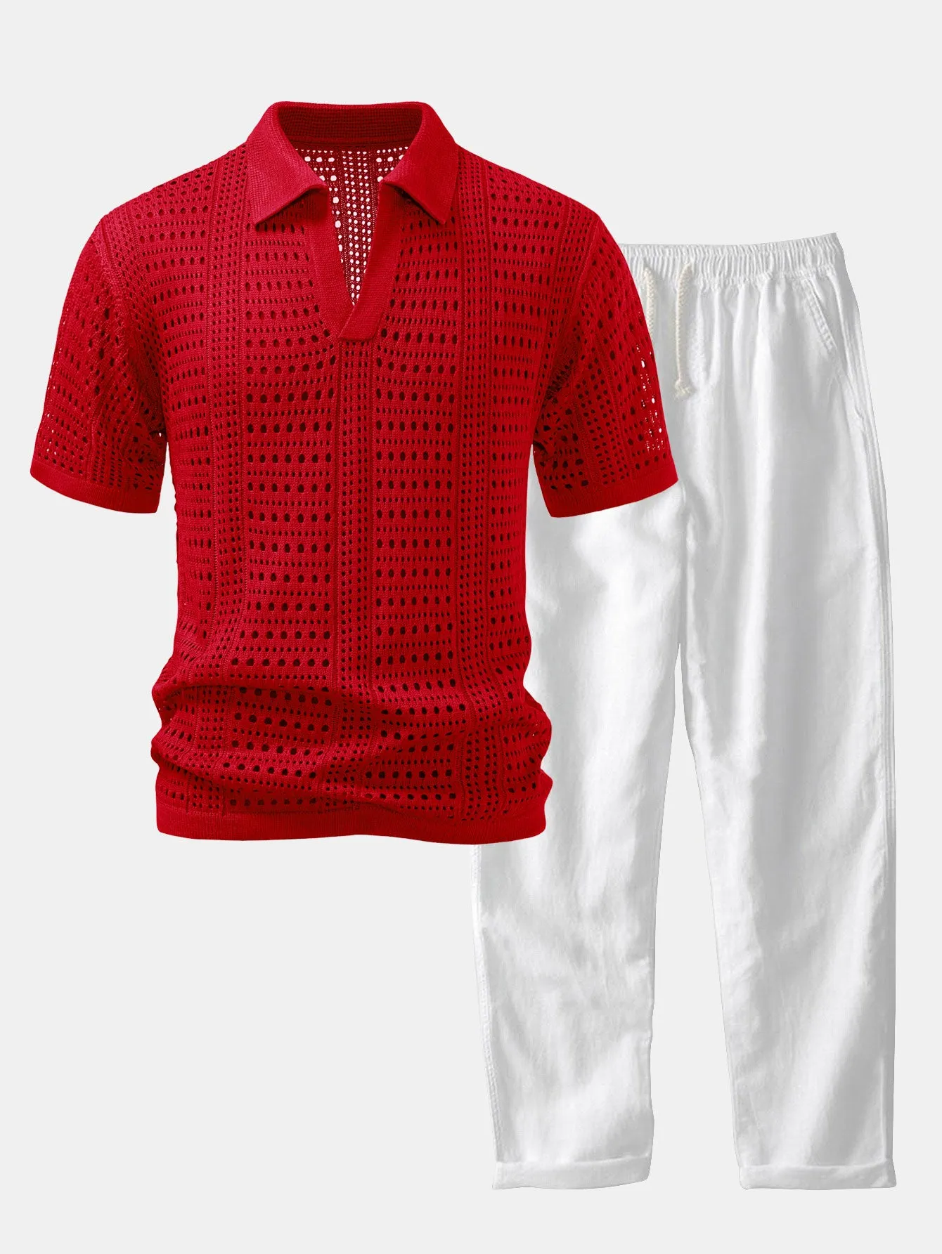Crochet V Neck Polo Shirt & Straight Leg Linen Pants sold by Hoooyi product image thumbnail 2