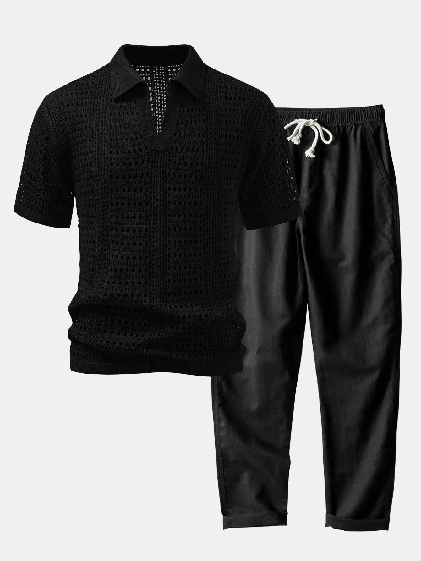 Crochet V Neck Polo Shirt & Straight Leg Linen Pants sold by Hoooyi product image thumbnail 5